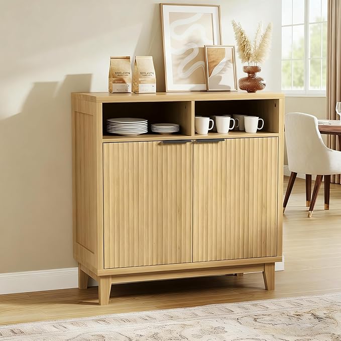 Fluted Cabinet with Doors, Modern Accent Storage Cabinet with Solid Wood Legs & Open Shelf, Space Saver for Bathroom, Living Room, Kitchen, Nautral