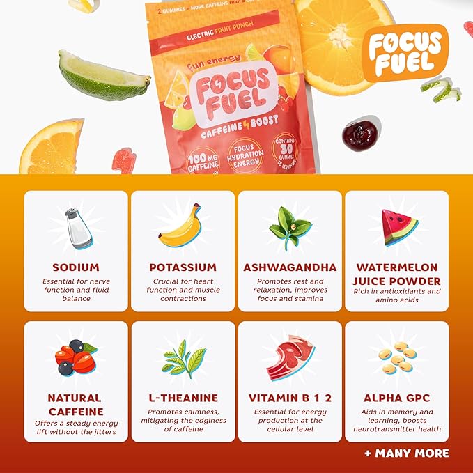 FocusFuel Energy Chews – Fruit Punch Flavor (15 Servings) – 100mg Caffeine + L-Theanine + B12, Magnesium – Boost Focus & Energy – No Crash or Jitters