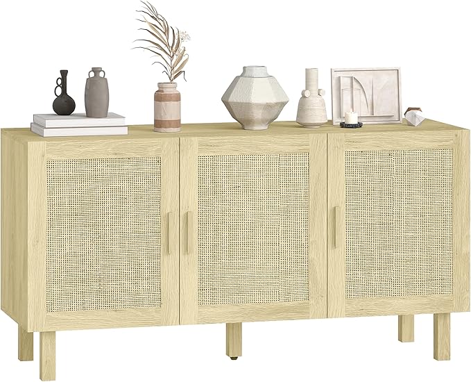 HOMCOM Boho Sideboard Buffet Cabinet, Coffee Bar Cabinet with 3 Rattan Doors and Adjustable Shelves for Kitchen, Living Room, Natural Mixed