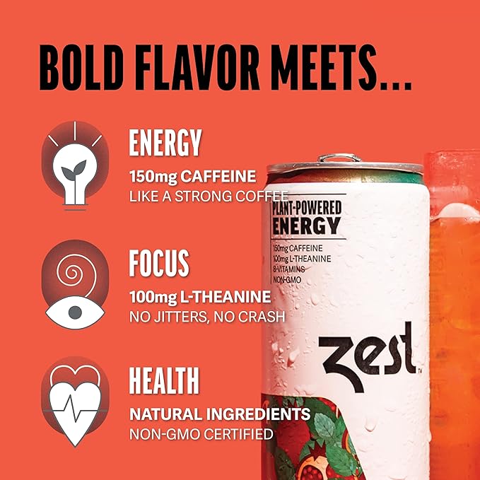 Zest Clean Energy Drink – Pomegranate Mint – 150mg Caffeine + 100mg L-Theanine – Natural Focus & Concentration Boost – Healthy Energy Drink 12oz Can 12 Pack – Low Sugar, No Artificial Sweeteners