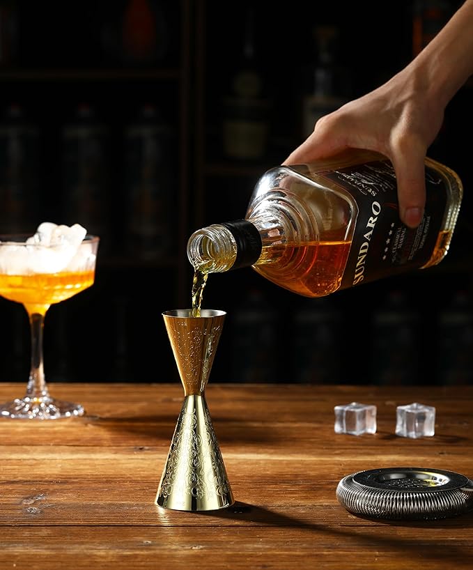 Double Cocktail Jigger Slim Style Measuring Jigger with Etched Pattern (Gold Plated Spirit)