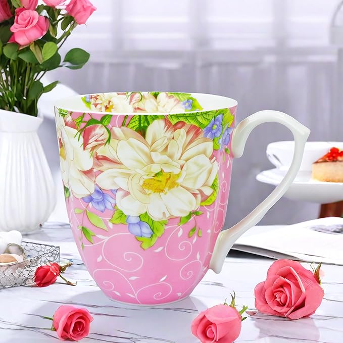 14oz Bone China Coffee Mugs for Women Floral Coffee Mug Tea Cups Novetly Coffee Cups Gift for Women Mom Friends