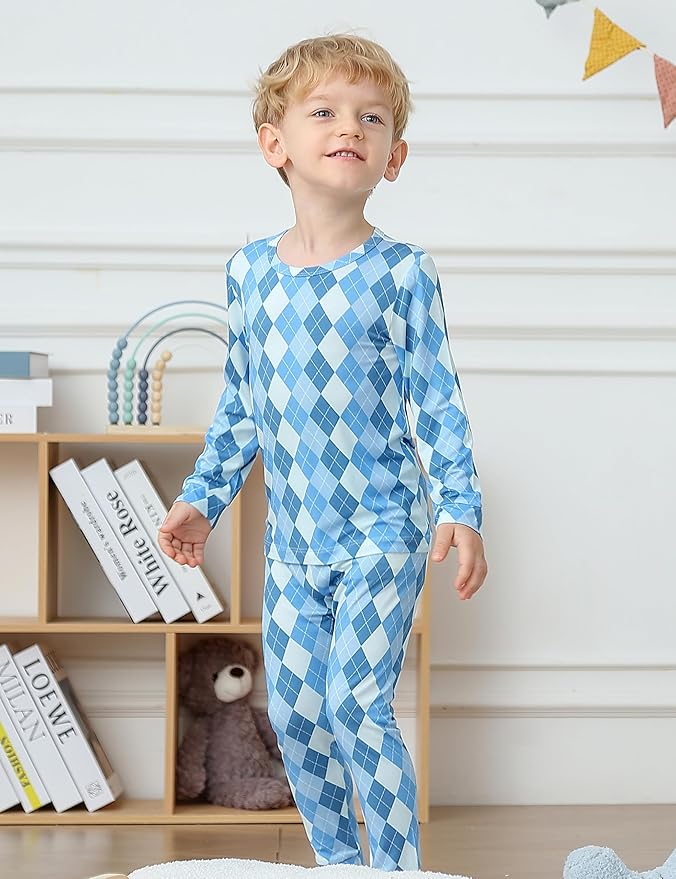 JunNeng Bamboo Viscose Pajamas for Toddler Boys, Baby Kids Diamond Pajamas Snug Fit Long Sleeve Sleeper