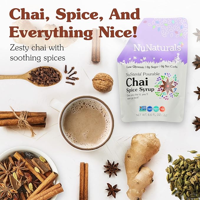 NuNaturals Stevia Syrup, Sugar-Free Sweetener, Plant-Based Sugar Substitute, Zero Calorie, Chai Spice, 6.6 oz (3-Pack)