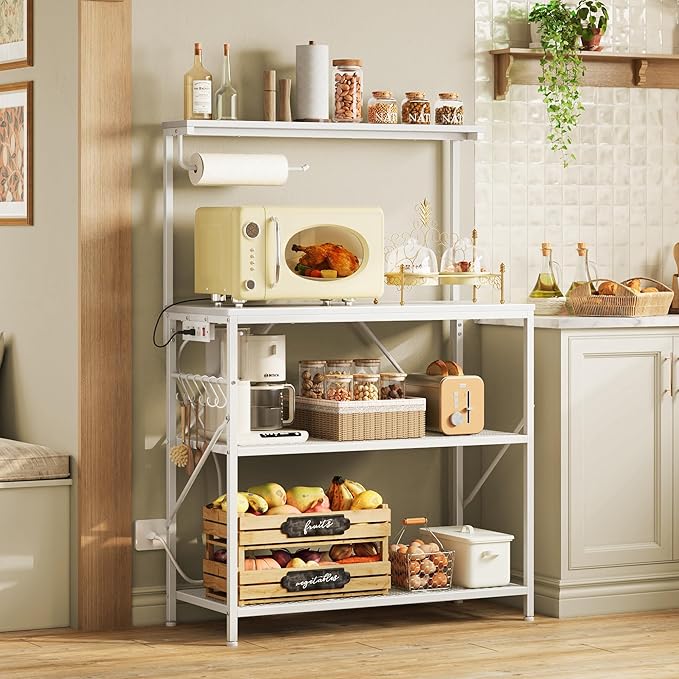 Huuger 4-Tier Bakers Rack with Reversible Power Outlet, 31.5 Inch Microwave Stand, Kitchen Bar, with Top Shelf, 6 S Hooks, White