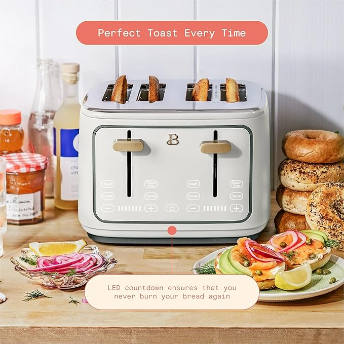 Beautiful 4 Slices Toaster with Touch-Activated Digital Display, Extra Wide Self-Adjusting Slots, Adjustable Shade Control, by Drew Barrymore (White)