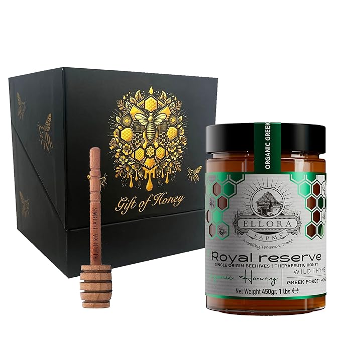 Ellora Farms Organic Honey, Wild Thyme Organic Honey Raw Unfiltered, Preservative and Additive Free, 2025 Paris and Dubai Gold Awards Winner, Gift Pack with Dipper - 450g (16oz)