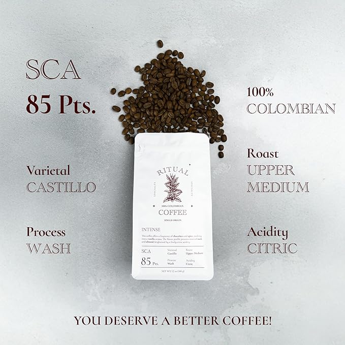 Ritual Specialty Coffee - Colombian Single Origin Whole Bean Gourmet, Intense Body, Upper Medium Roast 85+ SCA Score (Dark Chocolate, Almond & Malt),12oz (340g) 100% Castillo Variety