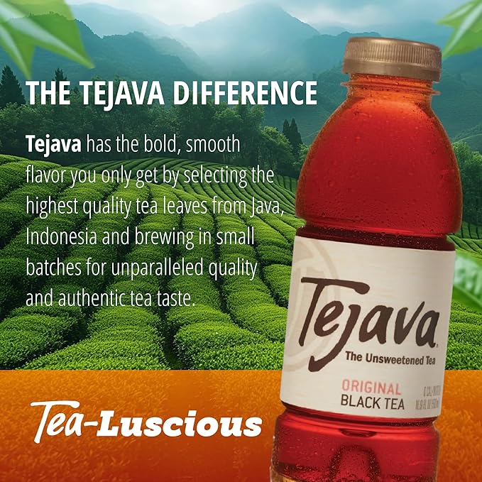 Tejava Original Unsweetened Black Iced Tea, 6 Pack, 16.9oz PET Bottles, Non-GMO, Kosher, No Sugar or Sweeteners, No calories, No Preservatives, Brewed in Small Batches