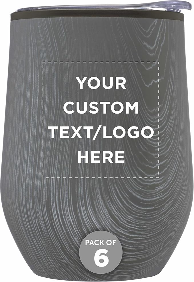 Custom Palmera Stemless Wine Tumblers with Lids 12 oz. Set of 6, Personalized Bulk Pack - Perfect for Wine, Cocktails, Other Hot & Cold Beverages - Rustic Grey