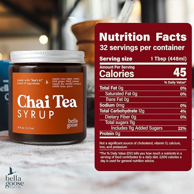 Bella Goose Chai Tea Syrup for Coffee (16oz) - Homemade Chai Tea Latte Syrup with Pure Cane Sugar, Vanilla & Spices - Clean Ingredient - No Artificial Flavors, Oils or Dyes Syrups for Coffee Drinks