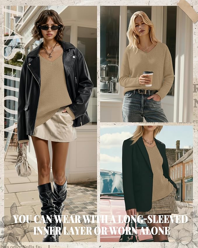 Women's V Neck Sweater Long Sleeve Knit Oversized Shirt Loose Lightweight Fall Casual Pullover Sweater Top