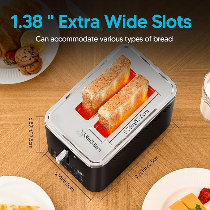 Trisiko® Touch Screen Toaster 2 Slice,Smart Toaster with Digital Timer, 1.38" Extra-Wide Slots for Bread& Bagel,with Reheat, Defrost, Cancel, +15s Boost, Great for Home, Office, Dorm (Black)