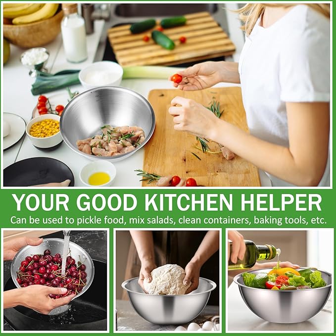 Honeydak 6 Pcs 304 Stainless Steel Mixing Bowls with Graduations, Salad Bowls Metal Serving Reusable Baking Food Storage Containers for Baking Cooking Salads Soups Ice Cream Noodles (84 oz)