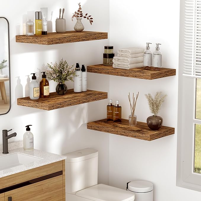 Vivelove 10 Inch Deep Floating Shelves 24 inch Long, 24 x 10 Wide Wall Shelves with Invisible Brackets, for Bedroom Bathroom Living Room Kitchen Office, Farmhouse Home Decor, Set of 2, Rustic Brown