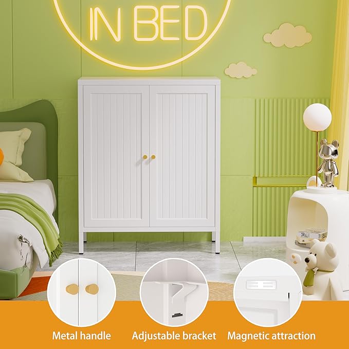 Small 2 Transparent Door Metal Storage Side Buffet Cabinet for Bed Room,Living Room,Entryway,Hallway,Home,Hotel,Office,Garage,Kitchen,1 Removable Shelf. (Striped Door, White)