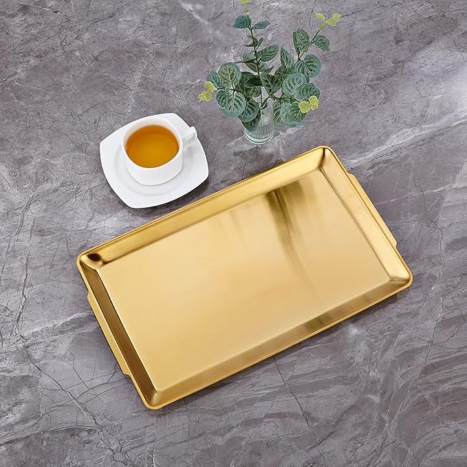 15.8" x 9.5" Large Serving Platters, Stainless Steel Heavy-Duty Large Serving Trays, Gold Rectangular Plates for Food, Fruit, Party, Wedding, Christmas, Chip and Scratch Resistant