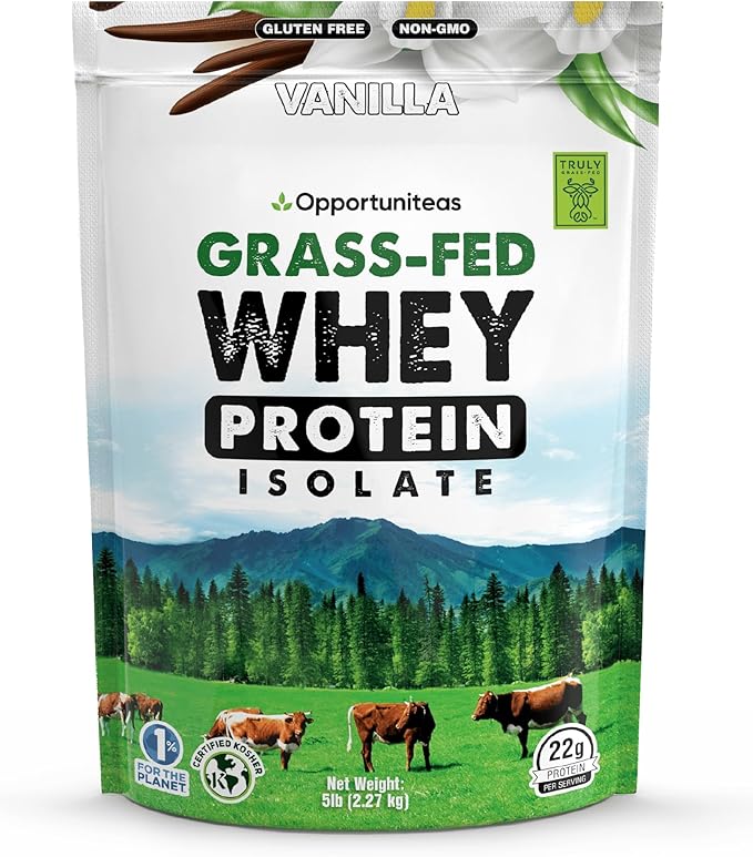 Opportuniteas Grass Fed Vanilla Whey Isolate Protein Powder – 22g Protein, Heavy-Metal Tested, Organic Cane Sugar & Organic Vanilla Flavor, Non-GMO, Hormone-Free, Sourced from Ireland, 5lb
