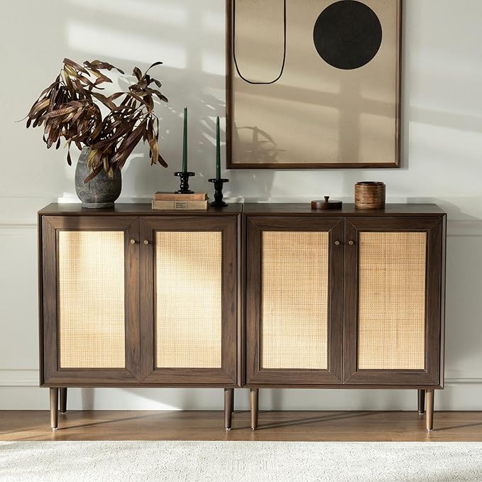 Natural Rattan Cabinet Sideboard with Storage, Boho Free Standing Buffet Kitchen Coffee Bar Accent Cabinet Farmhouse Credenza for Entryway, Living Room (Square Doors/Brown)