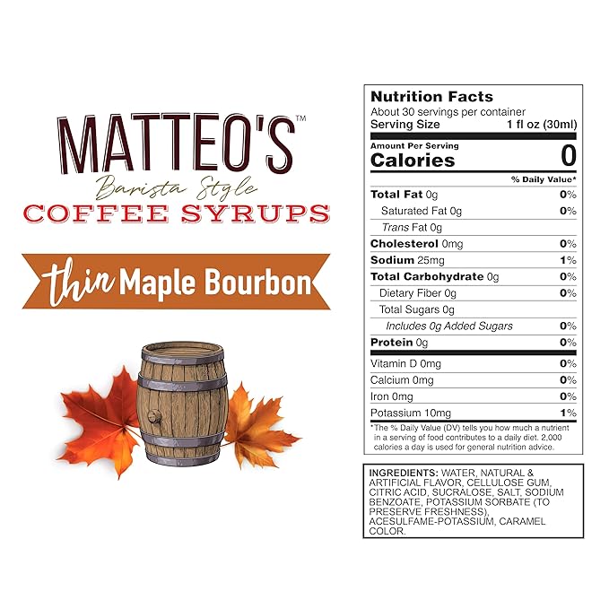 Matteo's Maple Bourbon Syrup for Coffee, Lattes, Cappuccinos & Desserts – Sugar-Free Sweetener for Beverages, Keto Friendly, Zero Calories, Indulgent Flavor, Non-Alcoholic, 33.8oz (1pk)