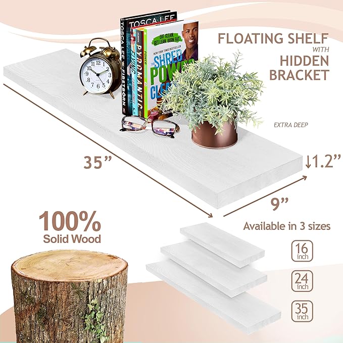 Sorbus 35" White Wood Floating Shelves - Set of 2, Solid Pine, Wall Mounted, Rustic Style, Bathroom & Living Room Decor