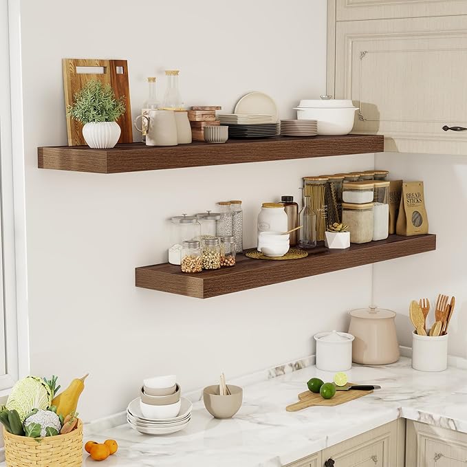 55 Inch Floating Shelves, 12" Deep Floating Shelf Wall Mounted, 55" Wall Shelves, Rustic Deep Bookshelf, Extra Deeper & Thicker Display Shelves for Bedroom, Living Room, Walnut, Set of 2