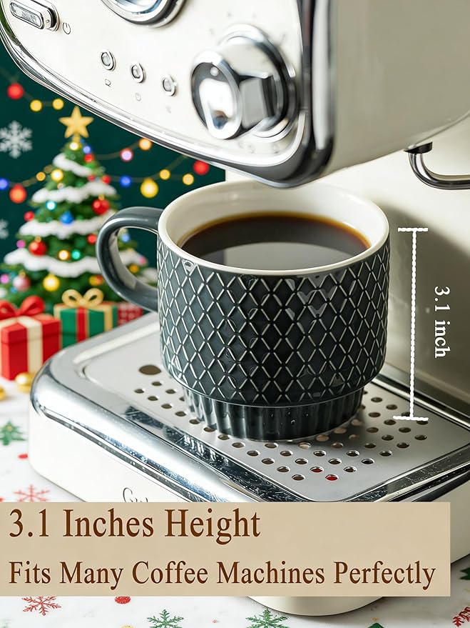 Gomakren Coffee Mugs Set of 4, 13 Ounce Stackable Coffee Mug Set with Stand, Christmas Stoneware Coffee Cup with Spoon for Coffee, Milk, Tea, Cocoa, Grey