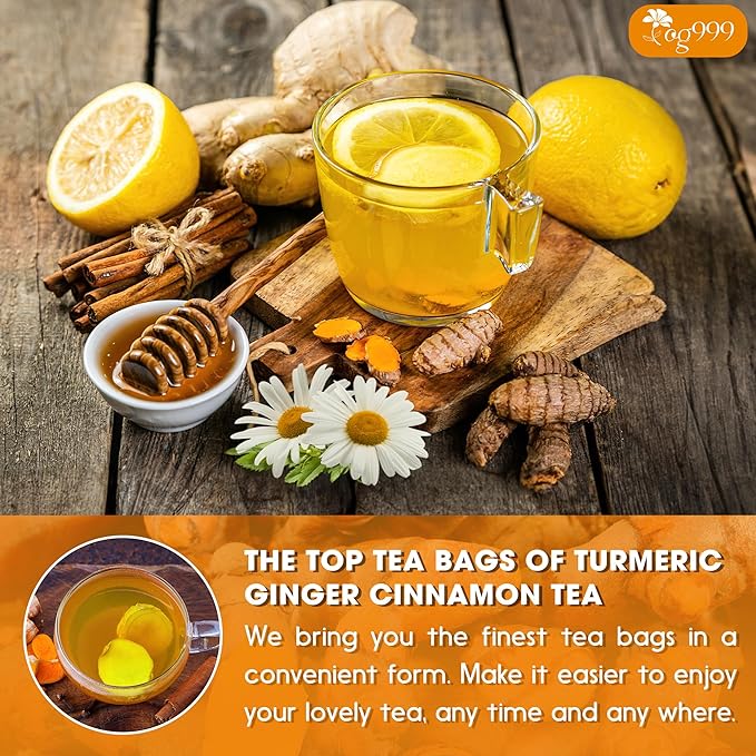 TOG999, Turmeric Ginger Cinnamon Tea Bags | 60 Count | Herbal Blend with Turmeric, Ginger, Cinnamon Stick & Chamomile Flowers for Relaxation | Naturally Flavorful, Caffeine-Free | Packed in Paper Box