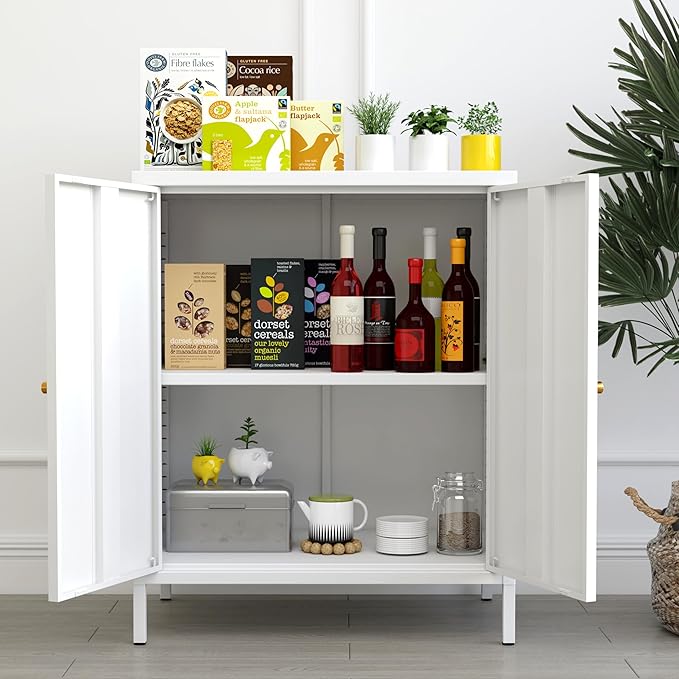 Small 2 Metal Storage Side Buffet Cabinet for Bed Room,Living Room,Entryway,Hallway,Home,Hotel,Office,Garage,Kitchen,1 Removable Shelf. (Metal Door, White)