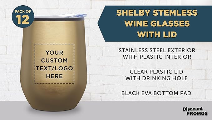 Custom Stemless Wine Tumblers 12 oz. Set of 12, Personalized Bulk Pack - Insulated, Perfect for Wine, Cocktails, Other Hot & Cold Beverages - Gold
