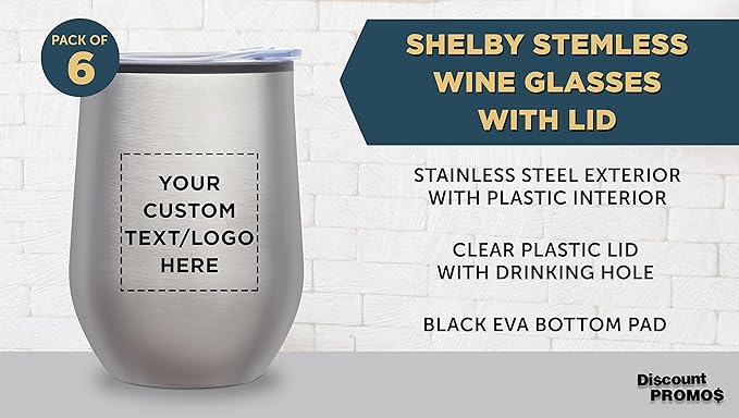 Custom Stemless Wine Tumblers 12 oz. Set of 6, Personalized Bulk Pack - Insulated, Perfect for Wine, Cocktails, Other Hot & Cold Beverages - Silver