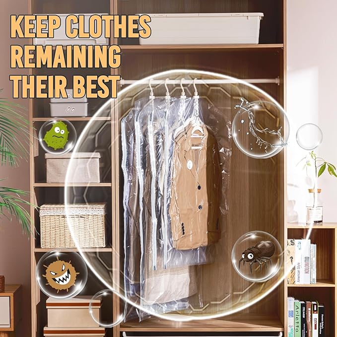 TAILI Hanging Vacuum Sealer Suction Space Saver Storage Bags for Clothes with Electric Air Pump And Rolling Slide Clip for Coats, Closet Organizers, 6 Long