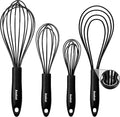 Anaeat Silicone Kitchen Whisk Set of 4, Perfect for Non-Stick Cookware, Egg Beater Milk Blender for Whisking, Cooking, Baking, Beating - 11'' Flat Whisk and 9''+11''+12'' Balloon Whisks (Black)