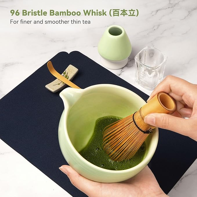Matcha Whisk Set, Matcha Kit 10-Pcs, Bamboo Whisk and Ceramic Bowl with Spout & Measuring Spoon & Cup, Japanese Ceremony Matcha Tea Making Tools