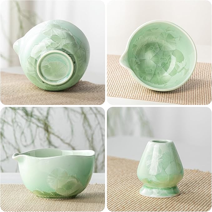 Matcha Whisk Set, Handcrafted Crystalline Glaze Matcha Set, 8 Pcs Matcha Kit Includes Matcha Bowl, Whisk with Holder, Bamboo Scoop & Spoon, Sifter and Tea Towel, Ceremonial Matcha Tea Set