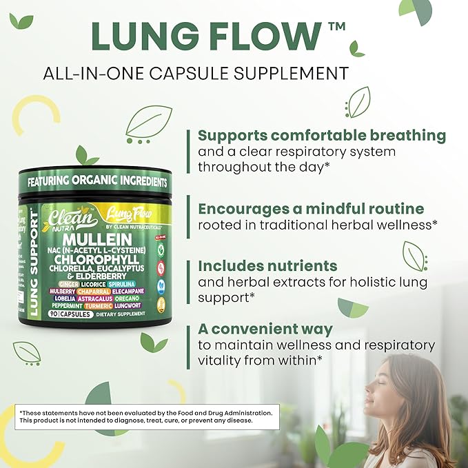 Clean Nutra Mullein Leaf Extract for Lungs Cleanse NAC Supplement Chlorophyll Chlorella Elderberry | Lung Detox for Smokers | Ginger Licorice Astragalus Oregano Turmeric Respiratory Support Capsules