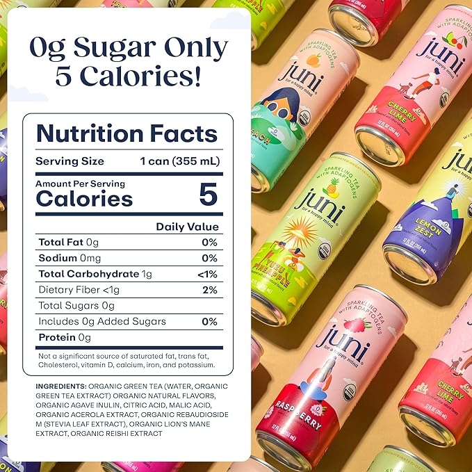 Juni Sparkling Adaptogen Drink with Ashwagandha, Lion's Mane & Reishi Mushrooms, Green Tea for Focus, Zero Sugar, 5 Calories, All Flavors 24-Pack