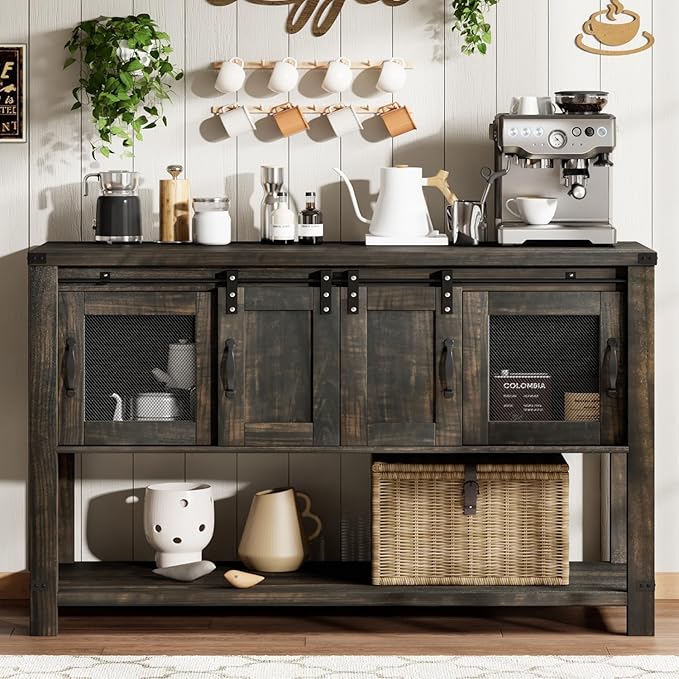 4ever2buy Farmhouse Coffee Bar Cabinet with Storage, 47'' Coffee Bar Table with Sliding Barn Door, Buffet Cabinet with Metal Mesh Doors, Console Table with Bottom Open Shelf, Brown