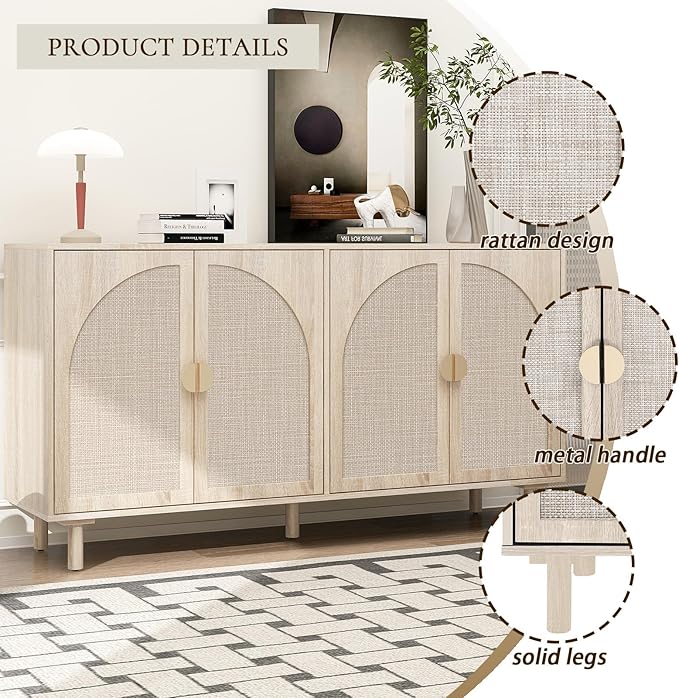 Beige Sideboard Buffet Cabinet, 4-Door Rattan Storage Cabinet, Coffee Bar with Adjustable Shelf, Accent Furniture for Living Room, Entryway, Home Office, Oak