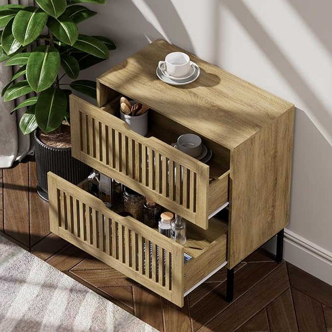 Storage Cabinet,28 Inch Farmhouse Buffet Cabinet with Metal Base and Storage Cabinets,Sideboard Coffee Bar for Kitchen,Dining Room,Oak