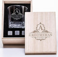 Personalized Groomsmen Whiskey Glass Gift Set - 4 Designs Custom Groomsman Gift - Personalized Wedding Bourbon Cup - 11 oz Engraved Groomsmen Scotch Glass in Wooden Box - Whiskey Gifts For Men