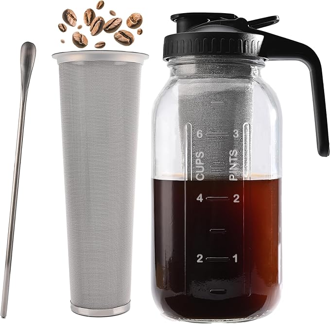TECHSHARE Cold Brew Coffee Maker Jar 64oz – Heavy Duty Mason Pitcher with Stainless Steel Filter, Wide Mouth Spout Lid & Handle for Iced Coffee, Tea, Lemonade, and Fresh Fruit Drinks