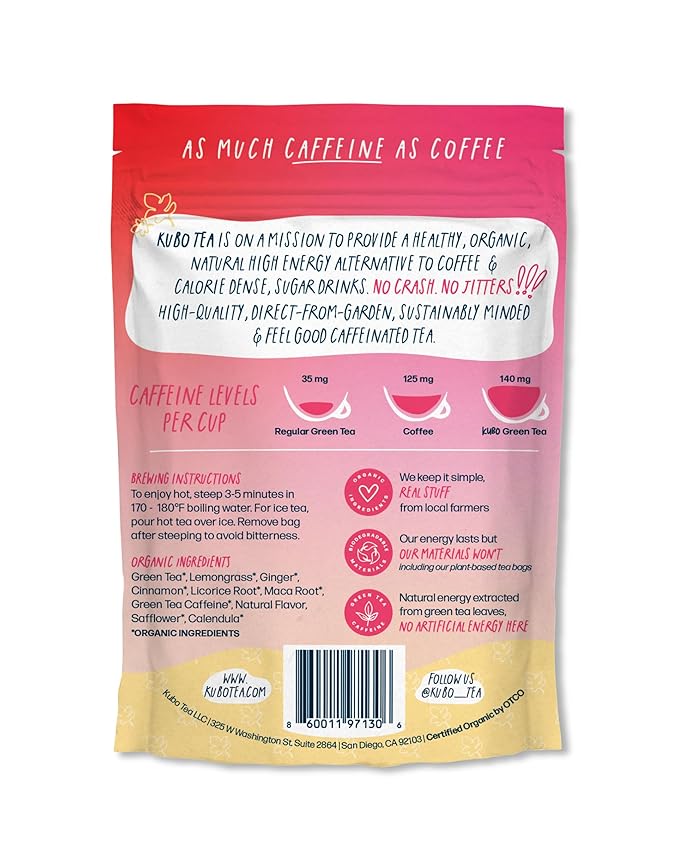 High Caffeine Tea (140 mg) - Kubo Tea: Organic Maca Passion Fruit Green Tea Bags for Clean Energy & Focus | Healthy Coffee Substitute | Maca Root Blend | 20 Ct | Compostable Packaging