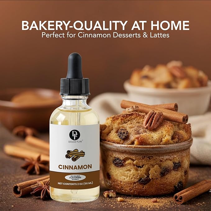 Dolce Flav Natural Cinnamon Extract – 2 Ounce Oil-Soluble Kosher, Sugar-Free, Concentrated Spice Flavor for Candy, Chocolates & Desserts, Includes Measured Dropper