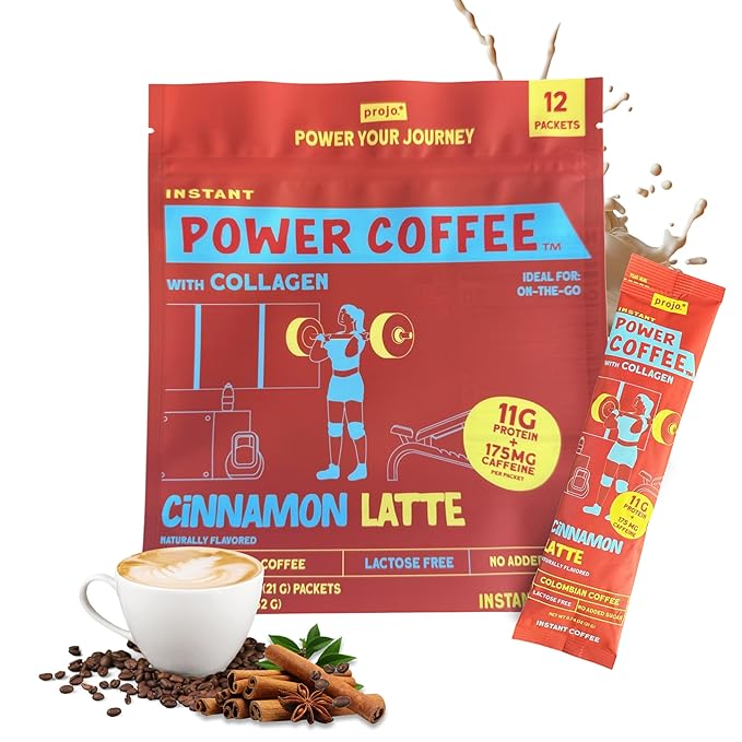 Projo* Power Coffee – Instant Coffee with 11g Protein – Grass-Fed Hydrolyzed Bovine Collagen & 175mg Caffeine – Cinnamon Latte Flavor – Organic – Energy Support – 12 Single-Serve Packets