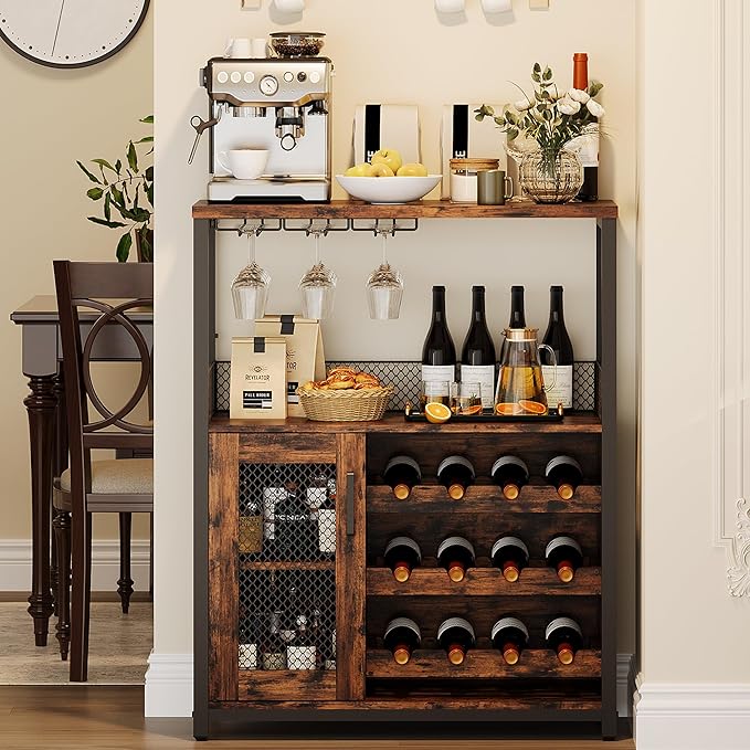 Vintage 3-Tier Wine Bar Cabinet with Adjustable Shelves, Glass Holders, Mesh Door, Small Buffet Sideboard Liquor & Coffee Bar Cabinet for Kitchen, Dining Room, Living Room