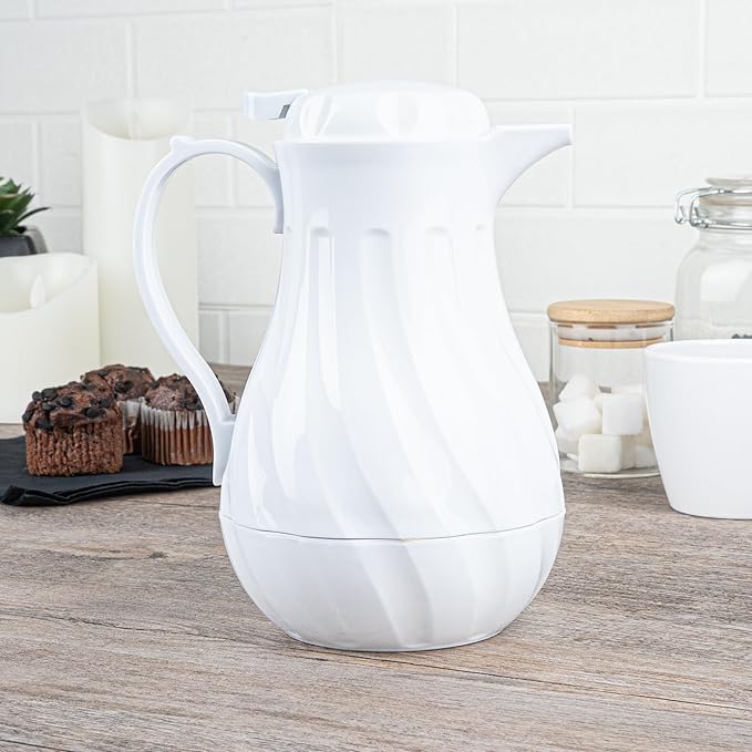 Restaurantware-Restpresso 20 Ounce Coffee Carafe, 1 Insulated Coffee Server - Push-Button Top, Swirl Design, White Plastic Pitcher, Built-In Handle, With Identification Tags