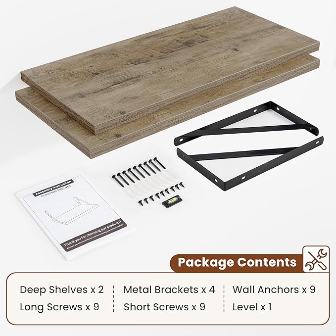 Deep Wall Shelves 30"W x 12"D Engineered Wood Floating Shelves for Wall, Sturdy Metal Bracket Bookshelves Home Decor Storage for Living Room Bedroom Bathroom Kitchen, Set of 2, Grey Finish