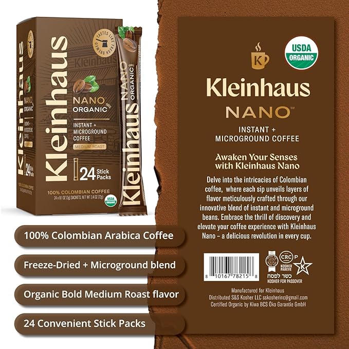 Kleinhaus Organic Medium Roast Nano Single-Serve Instant Coffee + Microground | 100% Colombian Arabica Coffee | Freeze dried | Fresh Brewed Taste | 2 X 24 Packets