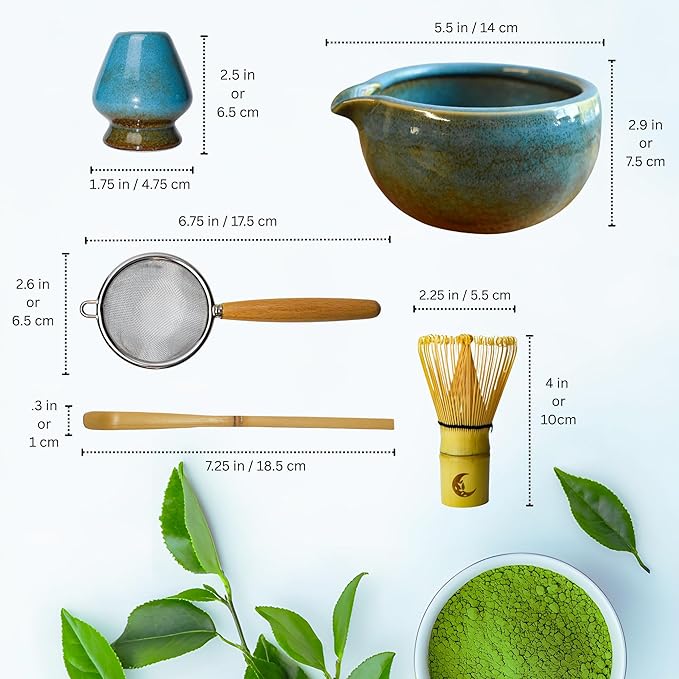 Matcha Whisk Set | Japanese Matcha Kit | Matcha Whisk and Bowl with Spout | 5-piece Set for Making Ceremonial Matcha Tea | Matcha Gift Blue - Christmas, Birthday